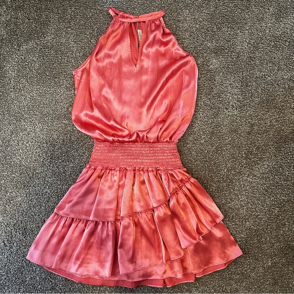 Ramy Brook Satin Pink Ruffle Halter Mini Dress Size Small - Picture 2 of 8